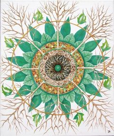 a green and white circular design with leaves on the center is surrounded by branches, which are arranged in an intricate pattern