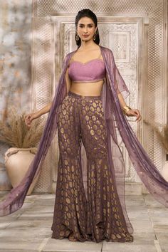 Mauve sharara with contrasting floral woven patterns. Comes with striped, polka pattern cape and a blouse. - Aza Fashions Front Open Georgette Anarkali Set For Reception, Front Open Georgette Dupatta For Party, Elegant Set With Zari Work And Front Open Shape, Elegant Front Open Georgette Sharara, Designer Georgette Anarkali Set With Front Open, Designer Front Open Georgette Anarkali Set, Elegant Front Open Dupatta With Zari Work, Front Open Georgette Dupatta For Wedding, Designer Floor-length Palazzo Set With Sheer Dupatta