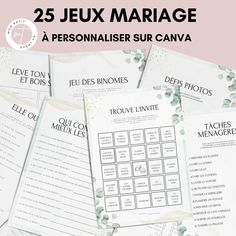 the 25 jeux marriage game is on display in front of a pink and white background