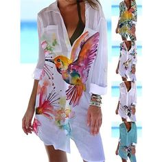 Season:Summer,Spring; Fabric:Polyester; Sleeve Length:3/4 Length Sleeve; Look After Me:Machine wash; Gender:Women's; Style:Casual,Fashion; Elasticity:Micro-elastic; Occasion:Vacation,Daily,Outdoor; Fit Type:Loose Fit; Dresses Type:Cover Up,Beach Dress; Pattern:Bird,Floral; Design:Pocket,Print; Neckline:Turndown; Front page:FF; Listing Date:02/09/2023; Production mode:External procurement; 2024 Trends:2022; Bust:; Length:; Shoulder Width:; Sleeve:; Special selected products:PlusSize; Fit US Size: Beach Dresses With Sleeves Summer, Cheap Tropical Tops For Vacation, Cheap Beach Tops With Spread Collar, Cheap One-piece Tops For Women, Cheap Beachwear Mini Dress For Women, Cheap Multicolor Shirt Dress For Beach, Cheap Tops For Beach And Spring Season, Spring Summer Fabric, Cheap Printed One-pieces For Summer