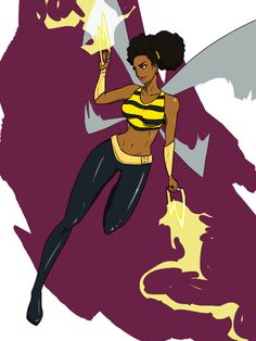 a woman dressed in black and yellow is holding a knife with her right hand while flying through the air