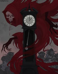 a clock tower with red hair on the front and sides, surrounded by demonic creatures