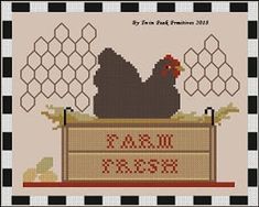 a cross - stitch pattern with a chicken in a basket and the words farm pass on it