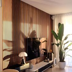 a living room with a large television on the wall next to a potted plant