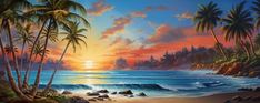 a painting of palm trees on the beach at sunset with waves coming in from the ocean