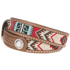 By M+F Western Products Mens/Unisex Brown Aztec Beaded Fabric Inlay Western Belt with removable buckle Basket weave genuine leather Stud trim A1033297 Guys or gals, complete any look with our ARIAT unisex brown aztec beaded belt from M+F Western Products. Sizing up is a good idea for a better fit. This brown belt features a basketweave stamping on both ends and has aztec type fabric indlay in the center. It also featureas faux silver stud trim and buckle with scrolling. A1033297 Trendy Belts, Beaded Fabric, Mens Belt, Western Belt, Beaded Belt, Western Belts, M F, Scroll Design, Bright Colored