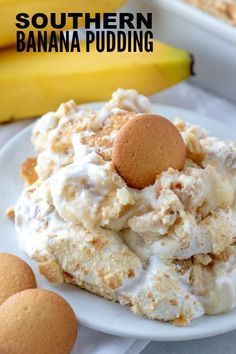 a banana pudding on a white plate next to some cookies and bananas with the words southern banana pudding