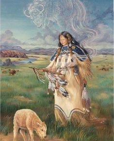 a painting of a native american woman holding a bow and arrow next to a sheep