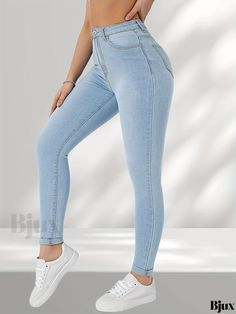 Bjux - Womens High-Waisted Blue Skinny Jeans with Slim Fit, Mid-Stretch Fabric, and Slant Pockets - Modern and Stylish Denim Apparel Style Preppy, Perfect Jeans, Long Length, Stretch Fabric, Cotton Blend, Slim Fit, High Waisted, Fabric, Blue