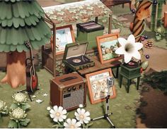 there is a painting of an old fashioned record player and other items on the ground