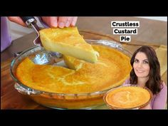 a woman is cutting into a crustless custard pie