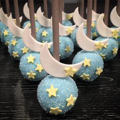 some blue and yellow desserts with stars on them