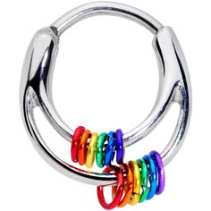 two rainbow colored rings are attached to each other with metal hooks on the top and bottom