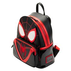 The Loungefly Spider-Man Miles Morales Cosplay Mini Backpack resembles Miles Morales’ suit from Spider-Man: Across the Spider-Verse (Part One). The front zipper pocket features the chest markings shown on Miles’ black and red Spider-Man suit. Up above, pearlescent eye markings give shape to his iconic mask. An enamel zipper pull shows Miles as he is about to sling a web from his hand. On the back, the infamous spider emblem makes an encore appearance. This backpack is an officially licensed Marvel product. Dimensions: 9” W x 10.5” H x 4.5” D Material: Faux leather (polyurethane) Features: Sturdy metal hardware, adjustable straps, side pockets, enamel zipper charm, and applique, pearlescent, and patent leather details. Spider-man Bag, Spider-man Backpack, Black Backpack For Halloween Cosplay, Themed Cosplay Backpack, Themed Red Backpack, Themed Backpack For Cosplay, Black Backpack With Zipper For Disney Fan Events, Spider Man Stuff, Spider Man Backpack