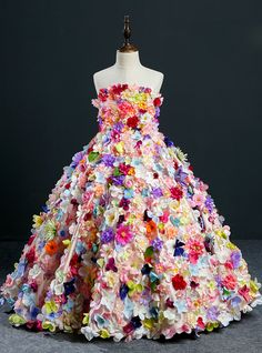 Ball Gown Multicolour Flower Strapless Flower Girl Dress Flower Girl Gown, Recycled Dress, Gown Princess, Girls Frock Design, Wedding Dresses With Flowers, Girls Pageant Dresses, Birthday Girl Dress, Wedding Flower Girl Dresses, Kids Gown