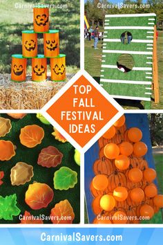 pumpkin themed activities and crafts for kids to do at the fall festival with text overlay that reads top fall festival ideas