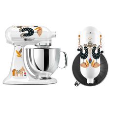 two mixers with designs on them sitting next to each other in front of a white background