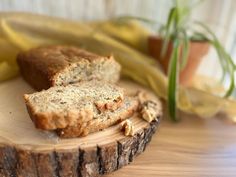 two slices of banana bread sitting on top of a wooden cutting board