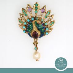 Vintage Multi Gemstone Diamond Peacock Enamel Brooch Pin Pendant 14K Yellow Gold 2.35" Metal: 14K Yellow Gold  Hallmark: 14K Brooch Measurements: 2.35" in Length x 38 mm in Width & 7 mm Thick Weight: 18.5 gr total gram weight Approximately 3.00 CTW Gemstones:  13 Round Emerald Gemstones, measuring 2.5 mm Each, weighing 1.30 CTW 11 Round Turquoise Gemstones, measuring 3.5 mm Each 1 Oval Garnet Gemstone, measuring 8 x 6 mm, weighing 1.40 CTW 1 Round Freshwater Pearl measuring 7.3 mm in Diameter Diamonds: 10 Natural, Irregular Cut Diamonds, Totaling Approximately 0.20 - 0.30 TW Diamond Quality: G-H Color; SI-I1 Clarity Closure: Pin Clasp, for a secure, worry-free wear Pendant's Bale can accommodate a Chain or Necklace of 4 mm or less Inventory number: BRCH-1420615 Condition: Good preloved con Gold Brooches With Peacock Design As Gift, Elegant Peacock Design Brooch For Formal Occasions, Elegant Peacock Design Brooch For Formal Wear, Elegant Peacock Design Brooch For Wedding, Elegant Wedding Brooch With Peacock Design, Elegant Peacock Design Wedding Brooch, Peacock Colored Wedding Brooch Jewelry, Luxury Peacock Design Jewelry, Elegant Peacock Brooches For Wedding