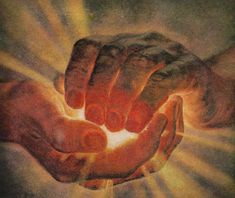 two hands reaching towards each other with the light coming from them in the middle of the image