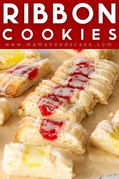 this is an image of some scones with jam on them and the words ribbonon cookies above it