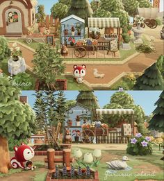 two pictures of the same area with different animals and plants in them, one has an animal house