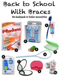 If you have a child in braces, you know that there are a lot of gadgets and gizmos. Let us help you figure out what should be packed for your child's locker Locker Necessities, Locker Kit, Diy Braces, Cute Braces, Brace Face, Braces Colors