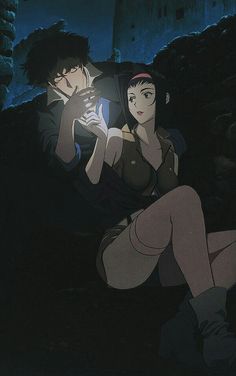 two anime characters sitting on the ground in the dark