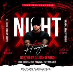 a flyer for a nightclub with a man in black shirt and red lights on the background