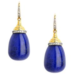 Created in 18kyg Lapis Lazuli 20 cts approx Diamonds 0.20 ct approx These exquisite earrings are a mesmerizing confection of fine 18K yellow gold, 20 carat lapis lazuli and 0.20 carat diamond accents. Delicate candy blue topaz and moon quartz gemstones are delicately balanced on a bed of gold, creating an entrancing, luxurious accessory. These earrings will add a touch of elegance and refinement to any outfit. About the Designers ~ Dharmesh & Namrata Drawing inspiration from little things, Dharmesh & Namrata Kothari have created an extraordinary and refreshing collection of luxurious jewels. True believers of destiny, they always feel that the possibilities of design - and life - are limitless when people work together. Formed in 2003, Syna Jewels has grown through enduring relationships w White Gold Drop Earrings, Yellow Gold Drop Earrings, Sodalite Crystal, Contemporary Earrings, Unusual Jewelry, Diamond Drops, Yellow Gold Earring, Diamond Drop Earrings, Gold Drop Earrings