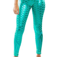 Discounted Shipping! These Eye-Catching Aqua Leggings Feature A Stunning Mermaid Scale Pattern With A Shiny, Metallic Finish. The High-Waisted Design Ensures A Flattering Fit, While The Stretchy, Form-Fitting Fabric Provides Comfort And Flexibility For Any Activity. Perfect For Workouts, Festivals, Or A Fun Casual Look, These Leggings Are Sure To Make A Statement. Made From A Blend Of Polyester And Spandex, They Are In Excellent Brand New Condition With Tags Attached. Available In 2xl, These Uni Stretch Blue Mermaid Bottoms, Blue Stretch Mermaid Bottoms, Fitted Green Mermaid Bottoms, Black Sequin Leggings, Retro Leggings, Mermaid Fit, Mermaid Stuff, Mermaid Leggings, Rainbow Leggings