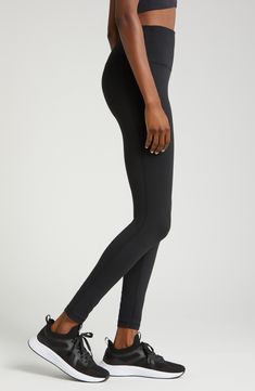 The moisture-wicking tech of stretchy, brushed Zeltek fabric keeps you cool as your workout warms up in these leggings topped with a high, slip-free waistband. 29" inseam; 8 1/2" leg opening;  (size Medium) Elastic waistband with hidden pocket Brushed, moisture-wicking fabric dries quickly to keep you cool and comfortable Smooth flatlock seaming designed to eliminate rubbing and irritation 88% polyester, 12% spandex Machine wash, tumble dry Imported Swimming Activities, Workout Warm Up, High Waist Leggings, Hidden Pocket, Nordstrom Store, Active Women, Keep Your Cool, Tops For Leggings, High Waisted Leggings