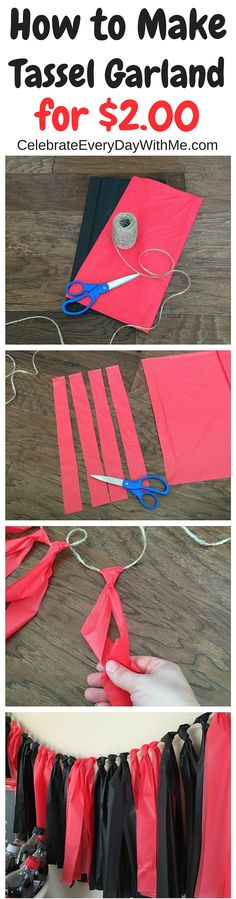 the instructions for how to make tissue paper garlands with scissors and ribbon are shown