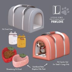 an image of a dog in a pet carrier with its food and water bowls around it