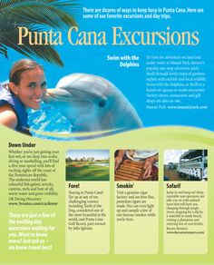 a brochure with pictures of people and animals in the water, including dolphins