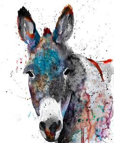 a watercolor painting of a donkey's head with colorful spots on the side