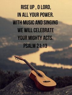 a guitar sitting on top of a rock with the words, rise up, o lord, in all your power