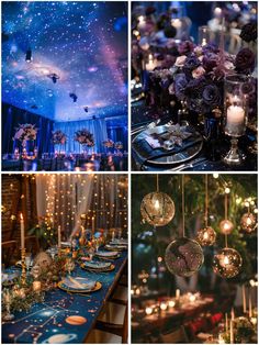 four different pictures with candles, plates and decorations on the table in front of them