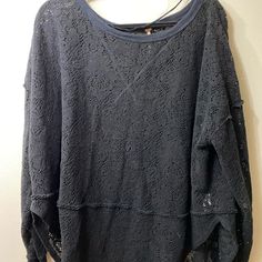 Never Worn, Without Tags. Black, Free People Tunic With Lace Detail Throughout Fabric. Loose Fitting Black Pointelle Knit Cotton Tops, Black Pointelle Knit Top For Spring, Black Cotton Pointelle Knit Top, Black Crew Neck Top With Pointelle Knit, Black Lace Top, Free People Tunic, Black Lace Tops, Free People Tops, Lace Detail