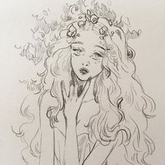 a drawing of a woman with long hair and flowers on her head, holding her hands to her face