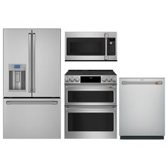 the kitchen appliances are all stainless steel and have different designs on them, including an oven, refrigerator, dishwasher, microwave, and stove