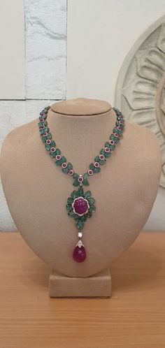 Syn Emerald & Lab Ruby Cocktail Statement Necklace 925 SS Red Carpet Luxe Jewel | eBay