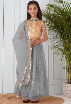 Readymade Net Lehenga in Grey This attire with Shantoon Lining is Enhanced with Fancy Tassels, Sequins, Adjustable Drawstrings and Patch Border Work Available with a Sleeveless Textured Brocade Golden Choli Crafted in Round Neck and a Net Dupatta in Grey Do Note: Accessories shown in the image are for presentation purposes only and length may vary upto 2 inches.(Slight variation in actual color vs. image is possible). Eid Embellished Sleeveless Lehenga, Sleeveless Embellished Lehenga For Eid, Embellished Sleeveless Sets For Festive Occasions, Sleeveless Party Sets With Sheer Dupatta, Embellished Sleeveless Festival Sets, Embellished Sleeveless Sets For Festivals, Gold Sequined Organza Sets, Sleeveless Lehenga For Festive Celebrations, Festive Sleeveless Lehenga For Celebration