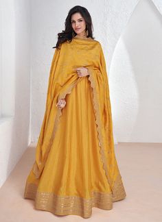 Yellow Sequence Embroidery Anarkali Gown With Dupatta Anarkali Gown With Dupatta, Silk Anarkali Suits, Silk Anarkali, Gown With Dupatta, Gown Suit, Color Embroidery, Lehenga Style, Designer Anarkali, Anarkali Gown