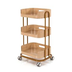 a three tiered wooden cart with wheels