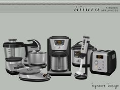 an image of kitchen appliances set up for display on grey background with white border and black trim