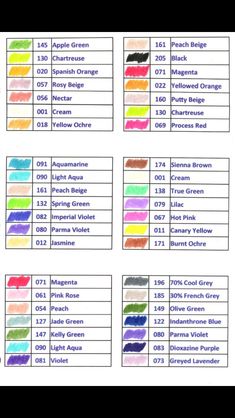 the color chart for different shades of watercolor pencils, including yellow, orange, green