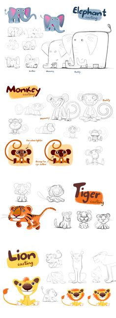 an image of some cartoon animals in different positions and sizes, with the words elephants on them