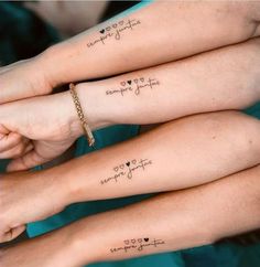 three people with matching tattoos on their arms and legs, one has the words together