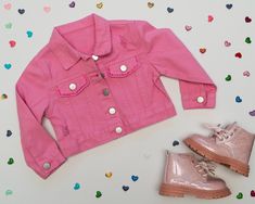 Toddler Girl's Pink Denim Jacket with trendy pink sequin evil eye trim. Also available with a green patch. Great for any season or occasion! Fits size 3/4 or a small 5. Cute Pink Denim Jacket With Pockets, Cute Pink Long Sleeve Denim Jacket, Cute Pink Denim Jacket With Long Sleeves, Trendy Fitted Pink Denim Jacket, Fitted Pink Denim Jacket For Spring, Fitted Pink Denim Jacket With Long Sleeves, Pink Fitted Long Sleeve Denim Jacket, Jean Rose, Eye Detail